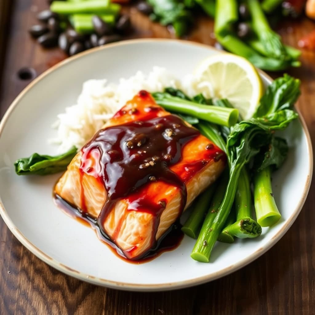 Glassert laks og bok choy på stekeplate-middag