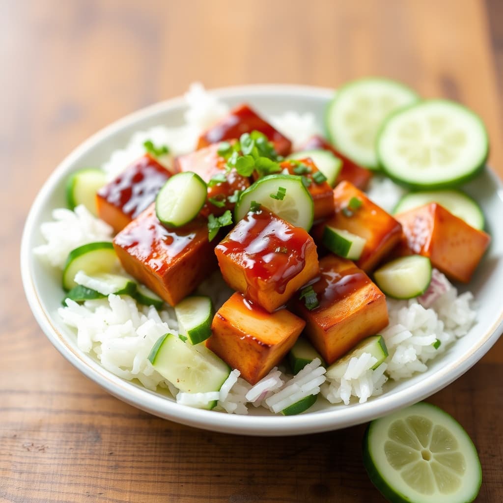 Glassert tofu med agurksalat