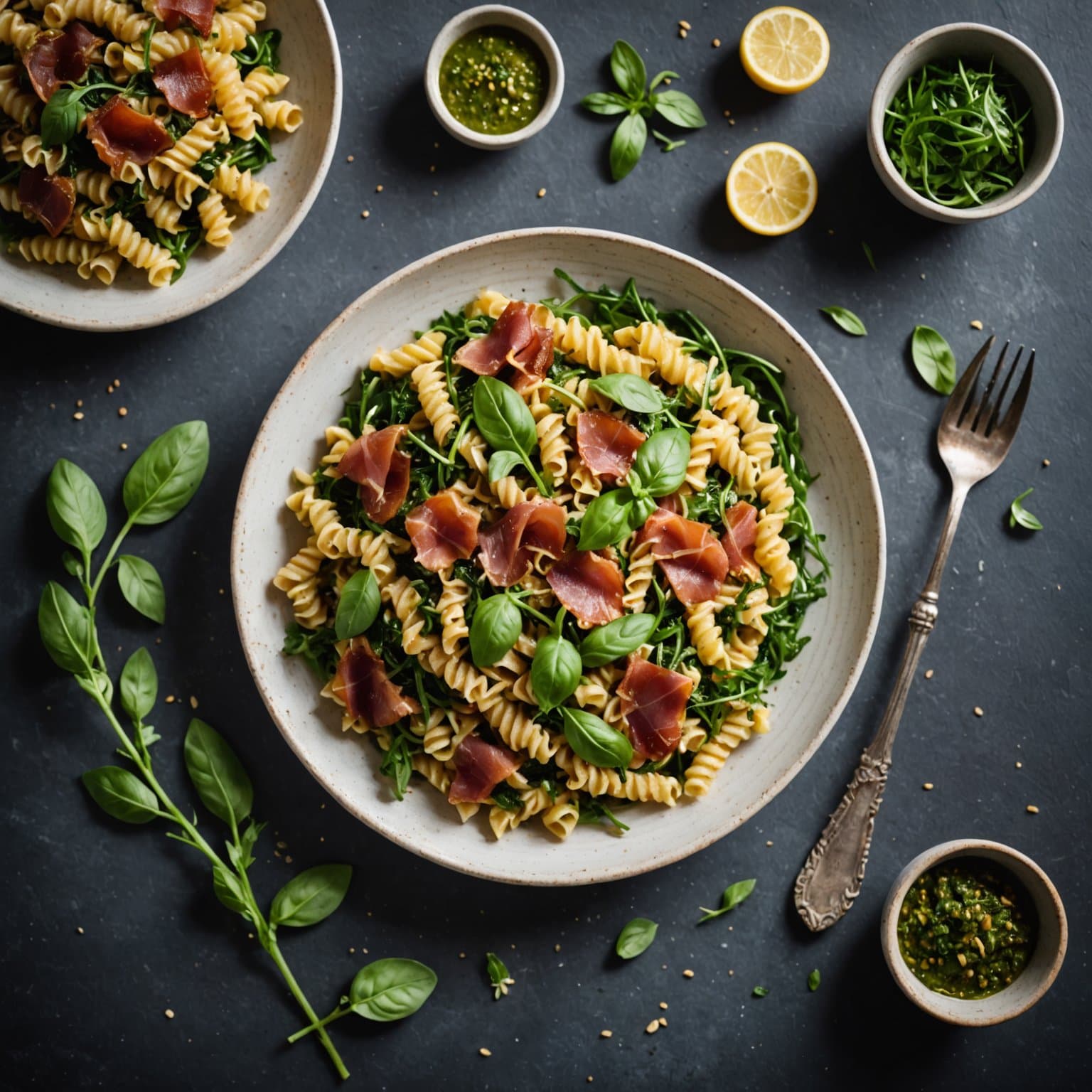 Glutenfri rotini med sprø prosciutto, pesto og ruccola
