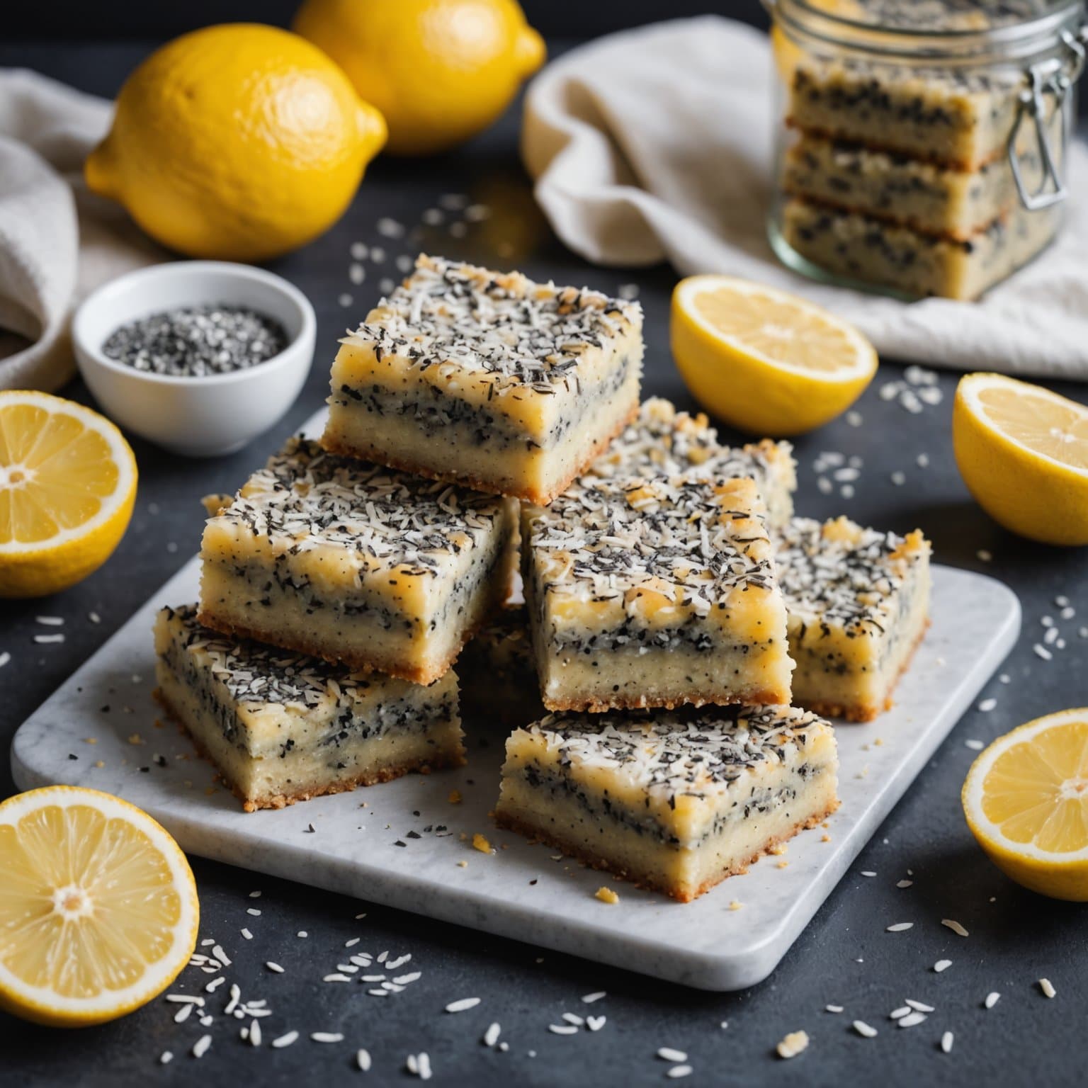 Glutenfrie sitron- og kokosbarer med valmuefrø