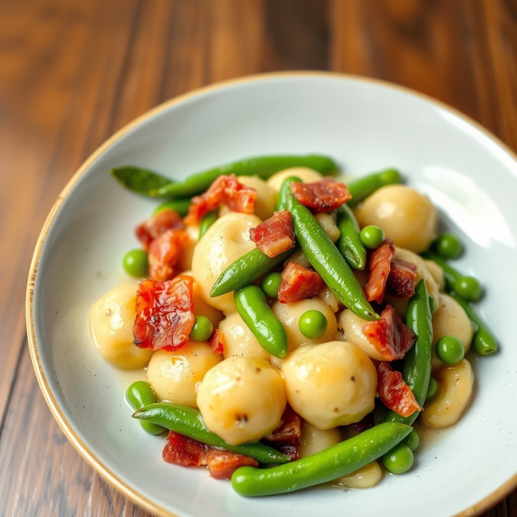 Gnocchi med bacon og søt erter