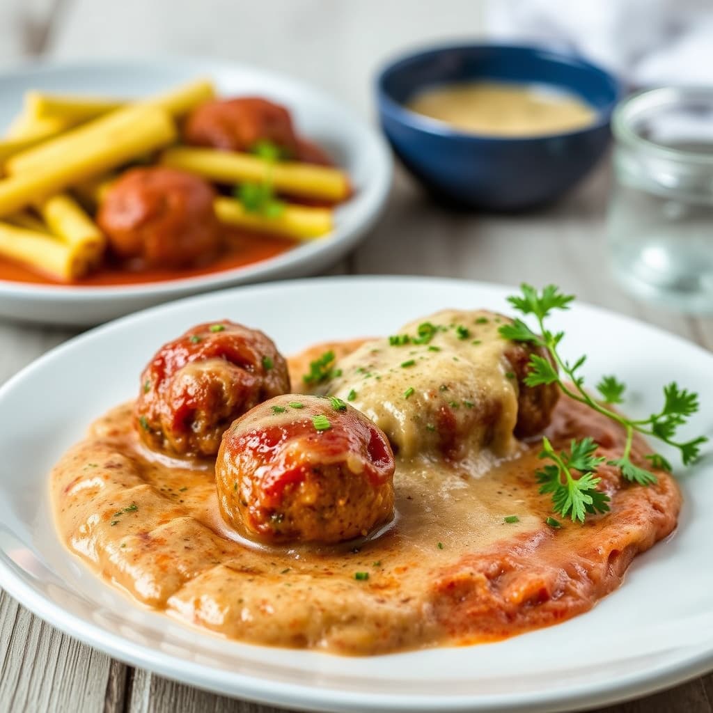 Gorgonzolafylte kjøttboller, bay og løk kremet tomatsaus