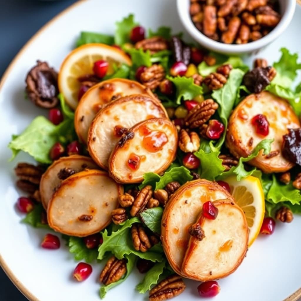 Granatein-glassert vaktel-salat med appelsinvinaigrette og krydrede pekannøtter