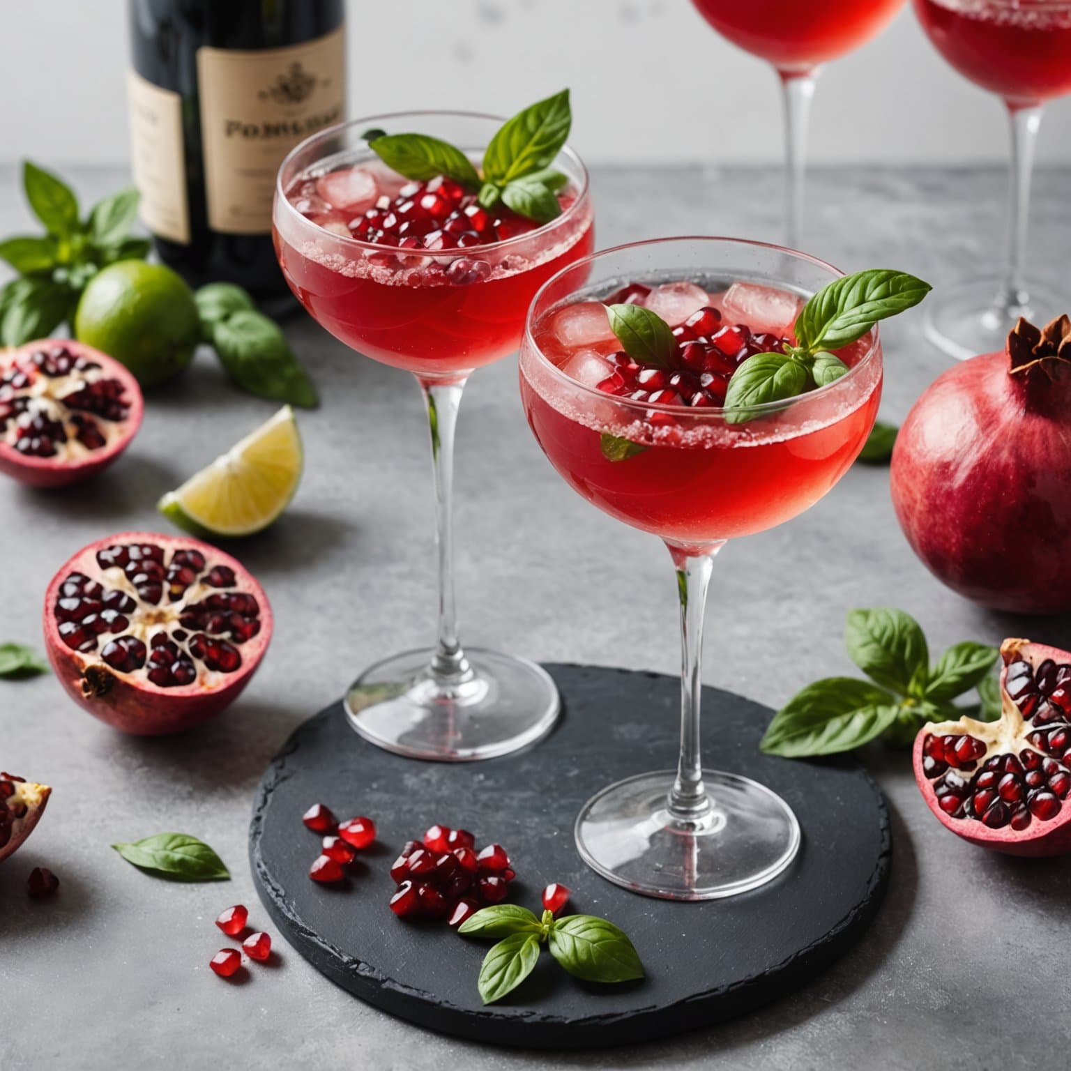 Granateple- og basilikumchampagne-cocktail