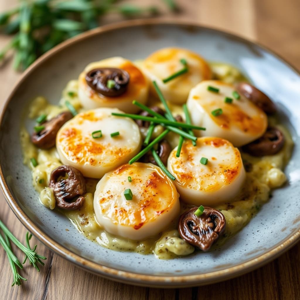Grateng av kamskjell med porcini og gressløk