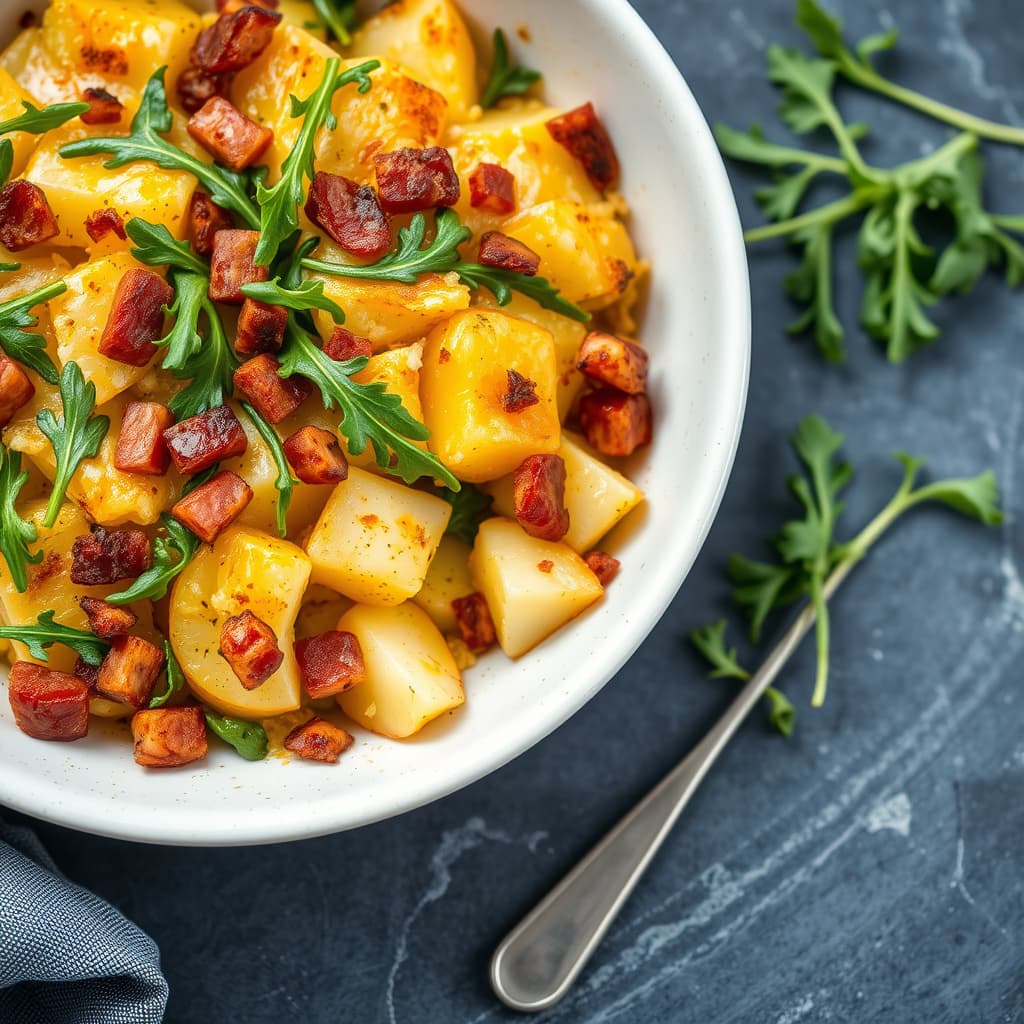 Grateng av Yukon Gold-poteter, bacon og ruccula