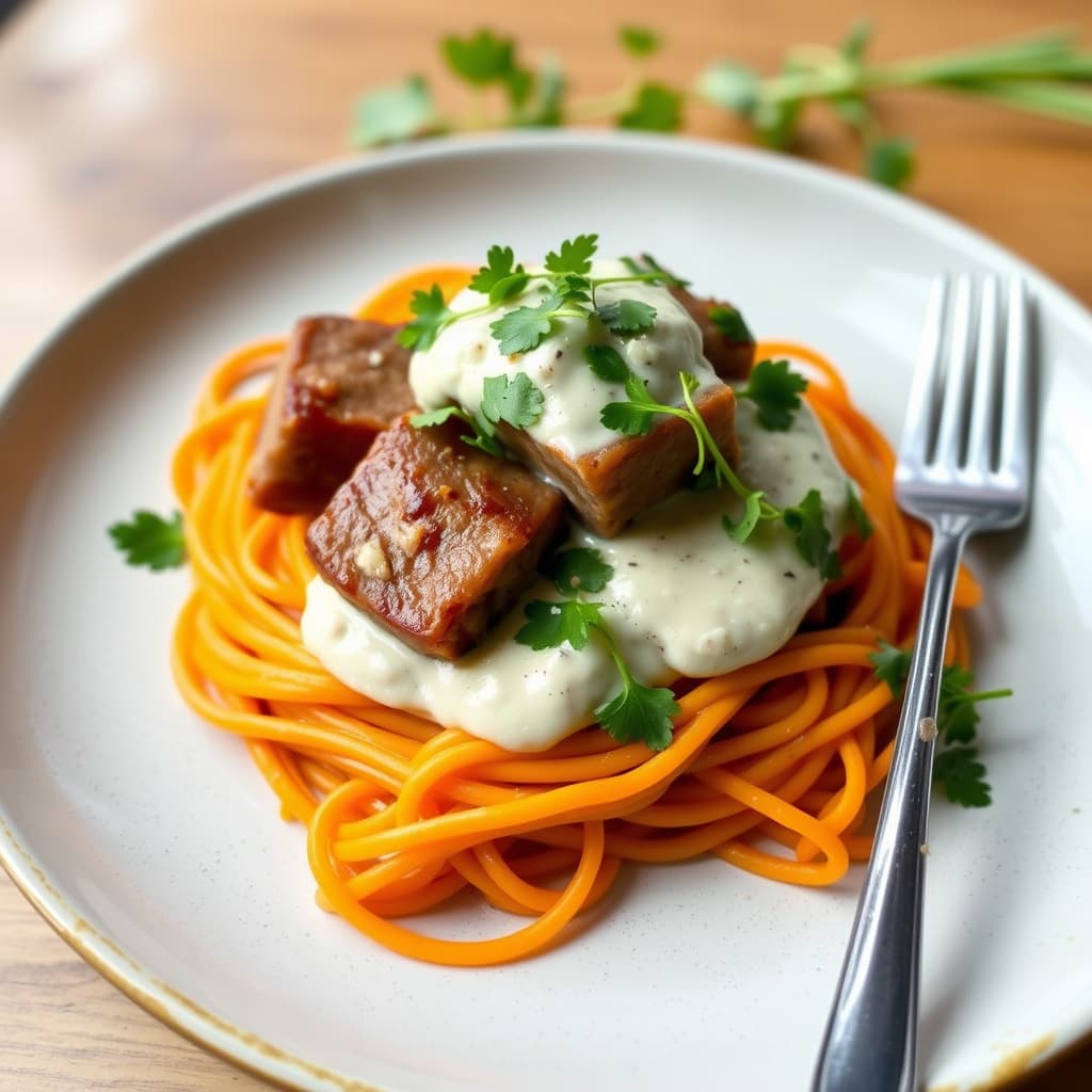 Grenadine av kalv med vannkressekrem, gulrotspaghetti