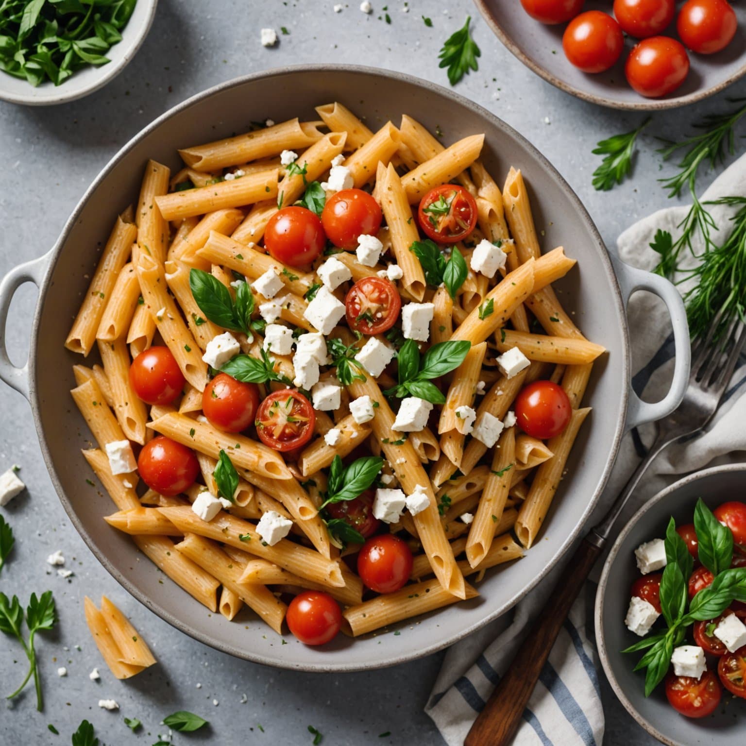 Gresk-inspirert penne med ferske tomater, fetaost og dill