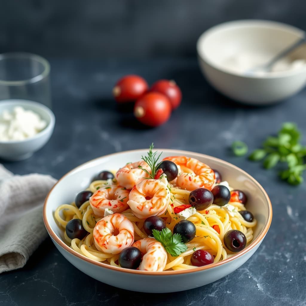 Gresk pastasalat med reker og oliven