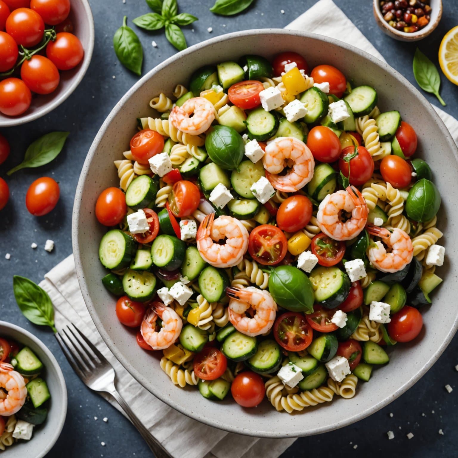Gresk pastasalat med reker, tomater, squash, paprika og fetaost