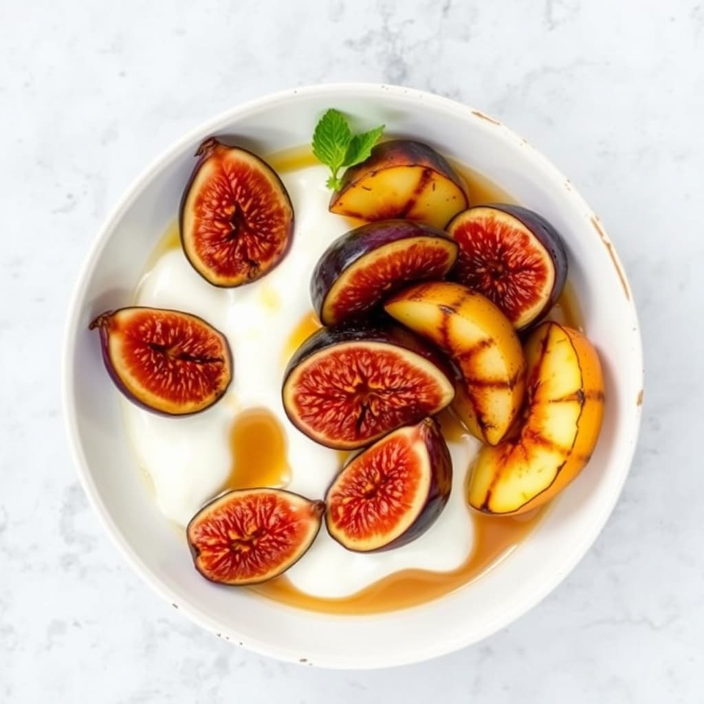 Gresk yoghurtpanna cotta med grillede honningfiken og hvite nektariner