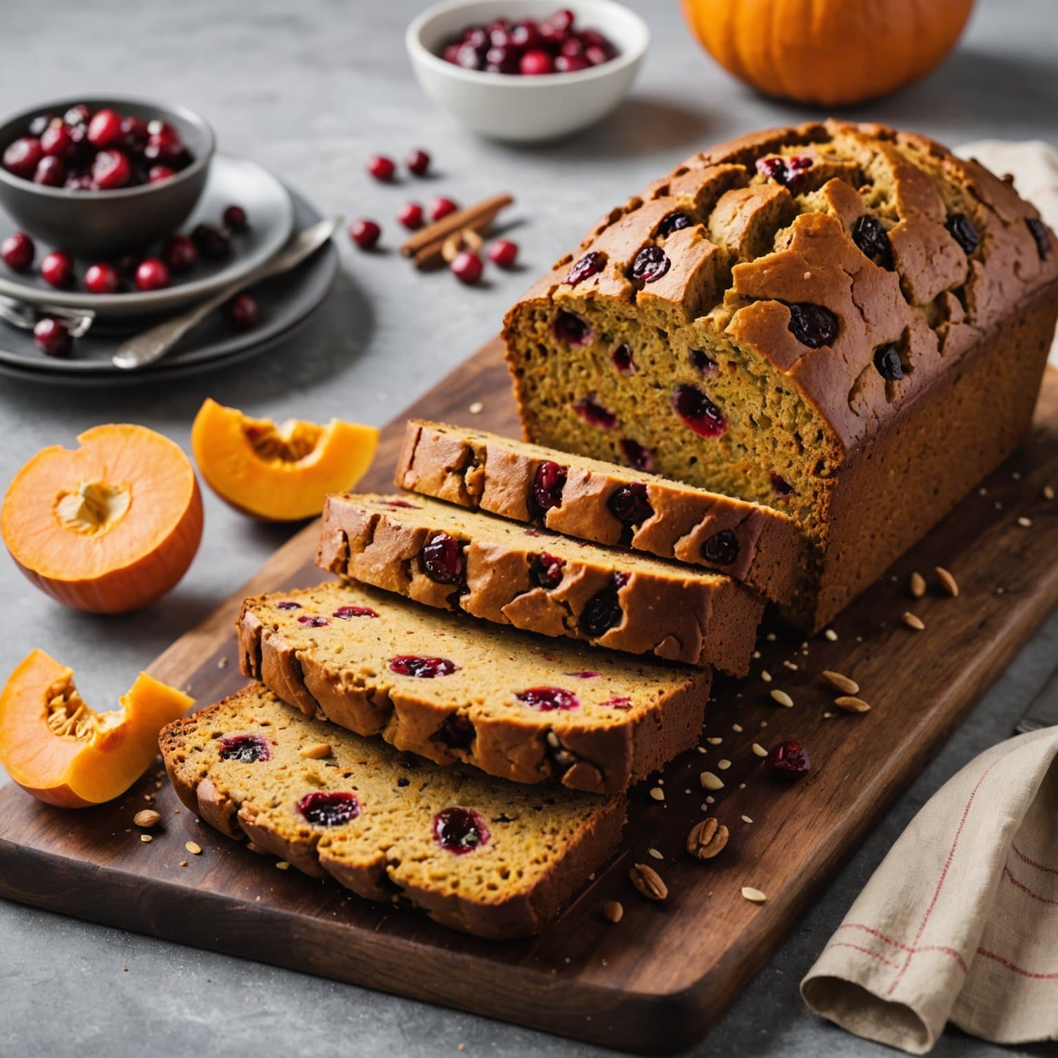 Gresskar- og tranebrødloff
Hvis du ønsker en mer beskrivende oversettelse, kan det også bli:
Gresskar- og tranebrødloff med tranebær