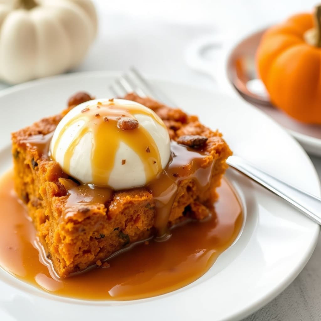 Gresskarbrødpudding med romsaus