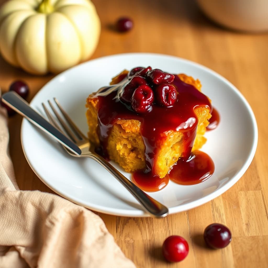 Gresskarbrødpudding med tranebærkaramellsaus