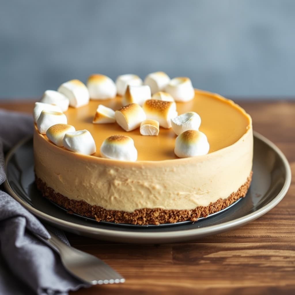 Gresskarostekake med marshmallow- og rømme-topping og kjeksbunn av ingefærkjeks