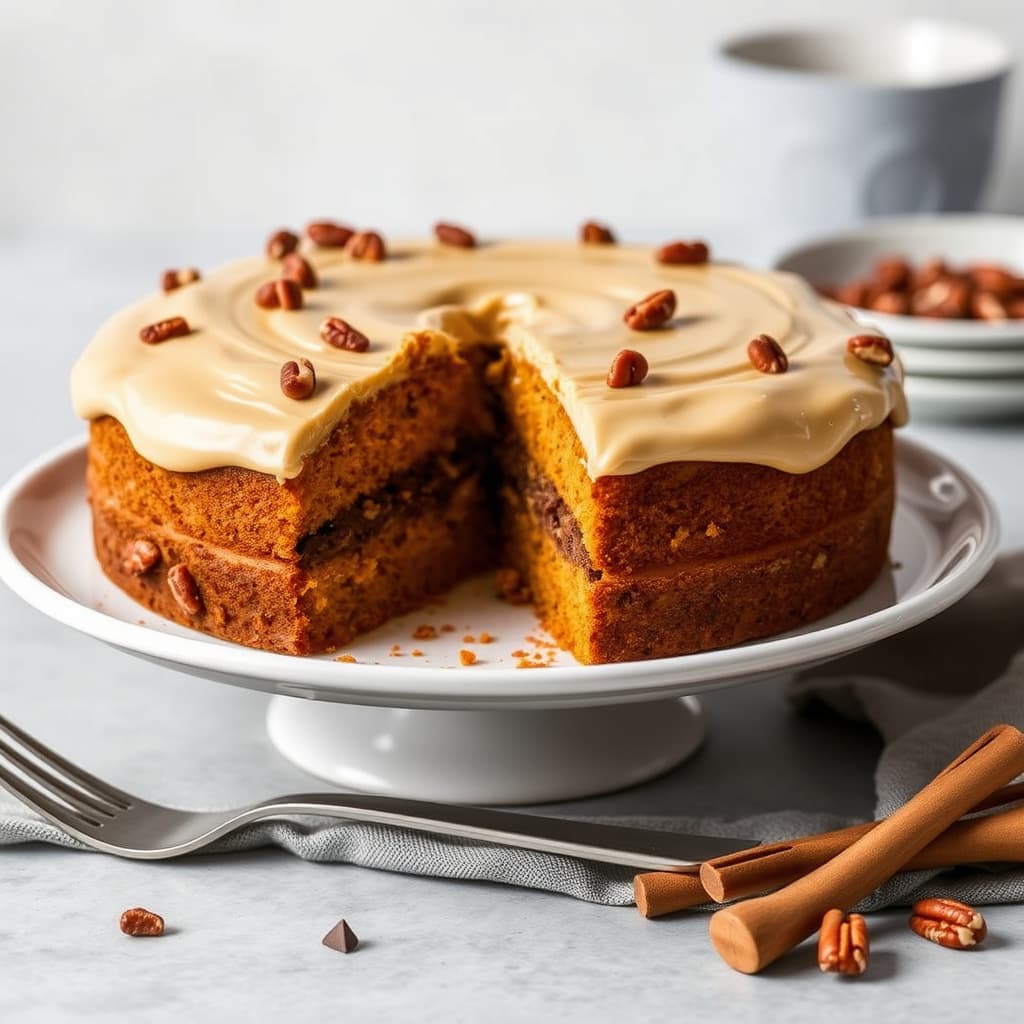 Gresskarspice-kake med sjokolade-pekannøttfyll