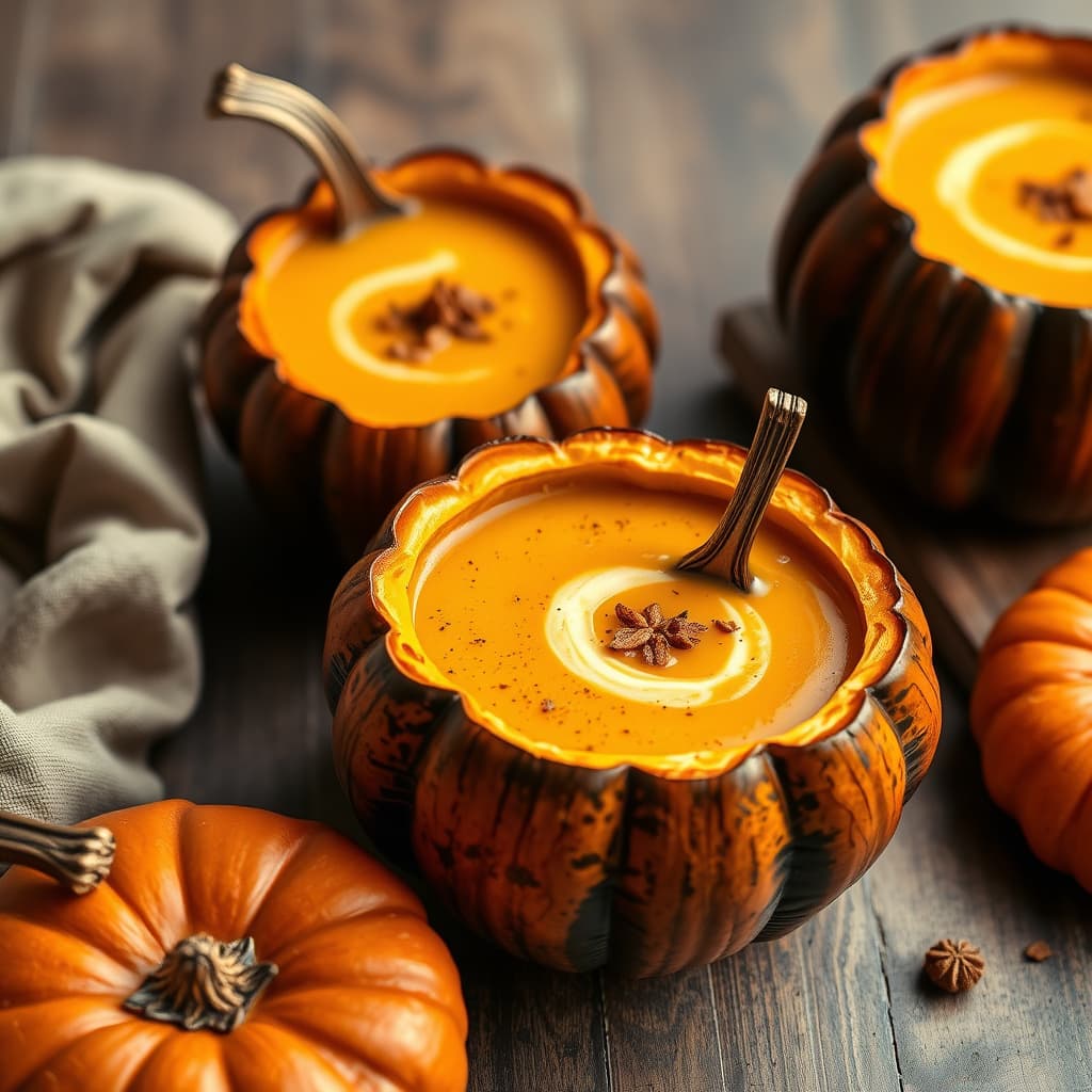 Gresskarsuppe servert i individuelle ovnsbakte gresskar