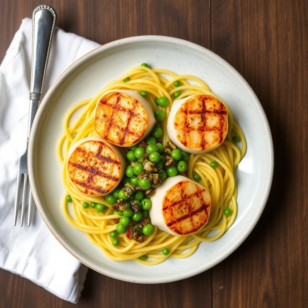 Griddede sjøkreps med spaghetti squash, ertereliks og "Rød Hot" sitron-smør