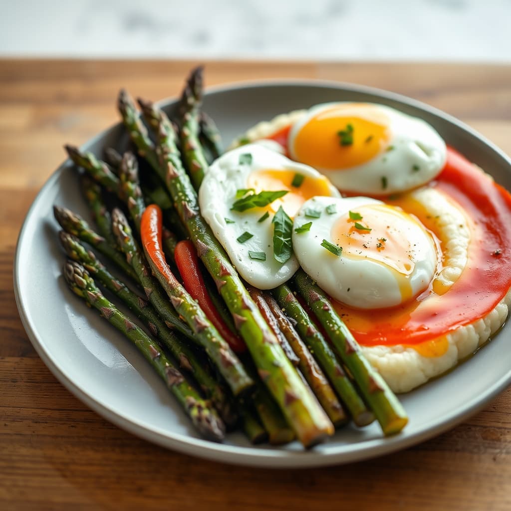 Griddled asparges, piperade, posjerte egg og gryn