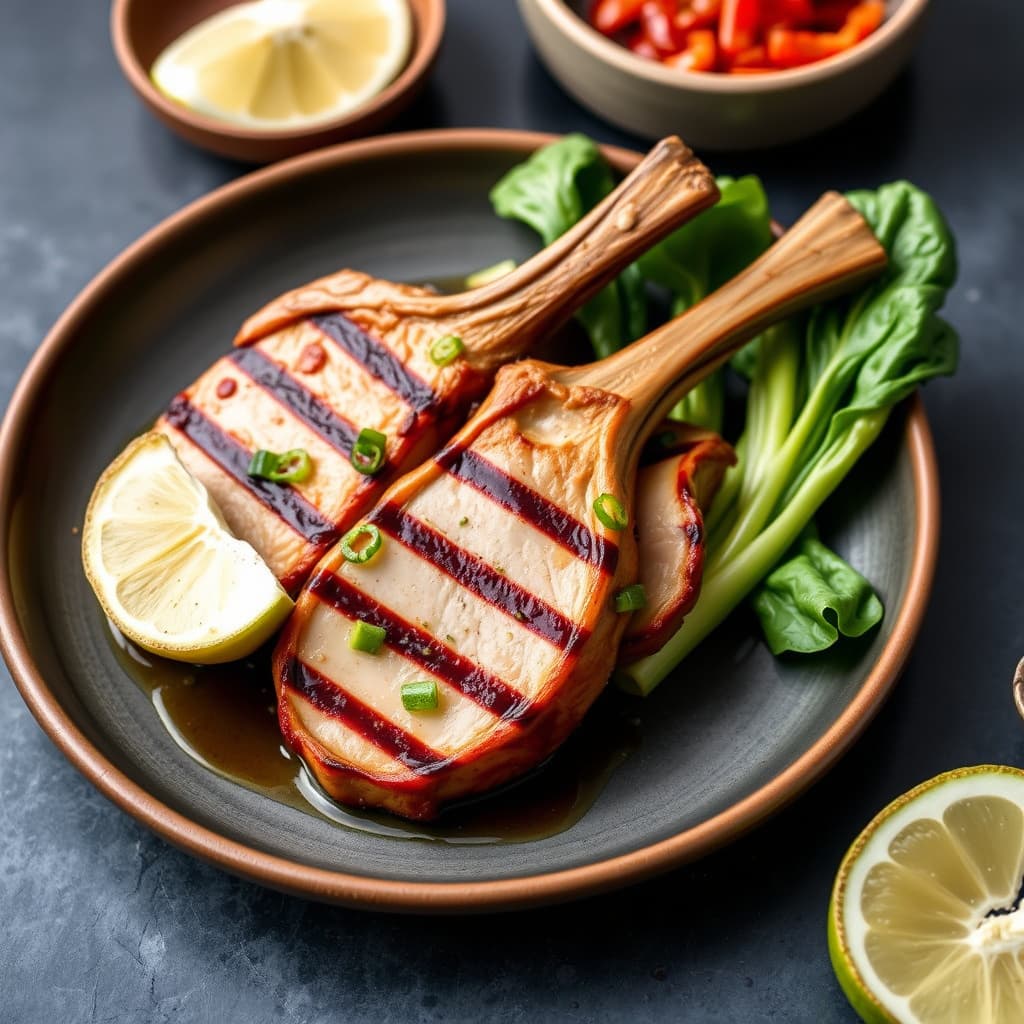 Grillede asiatiske svinekoteletter og babyboksønnøtter