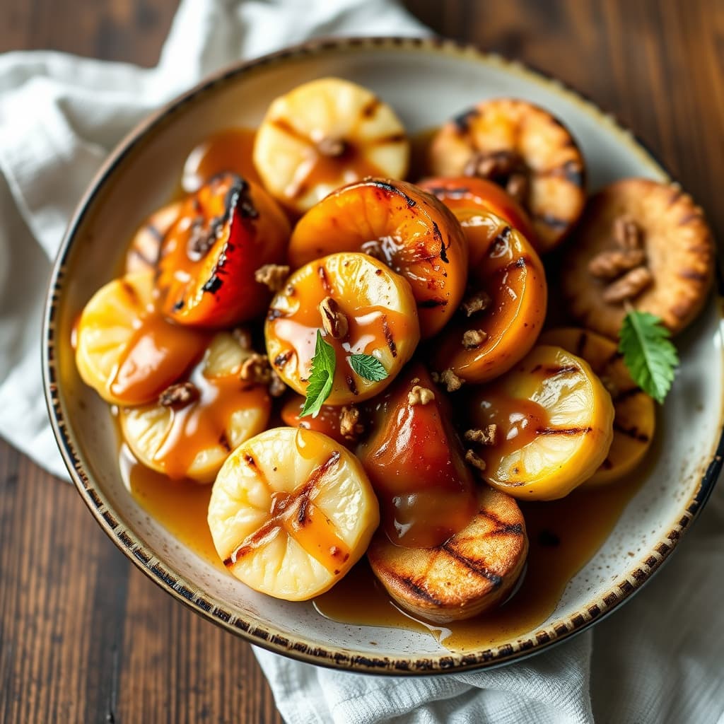Grillede bananer og aprikoser med valnøttkjeks og karamellromsaus