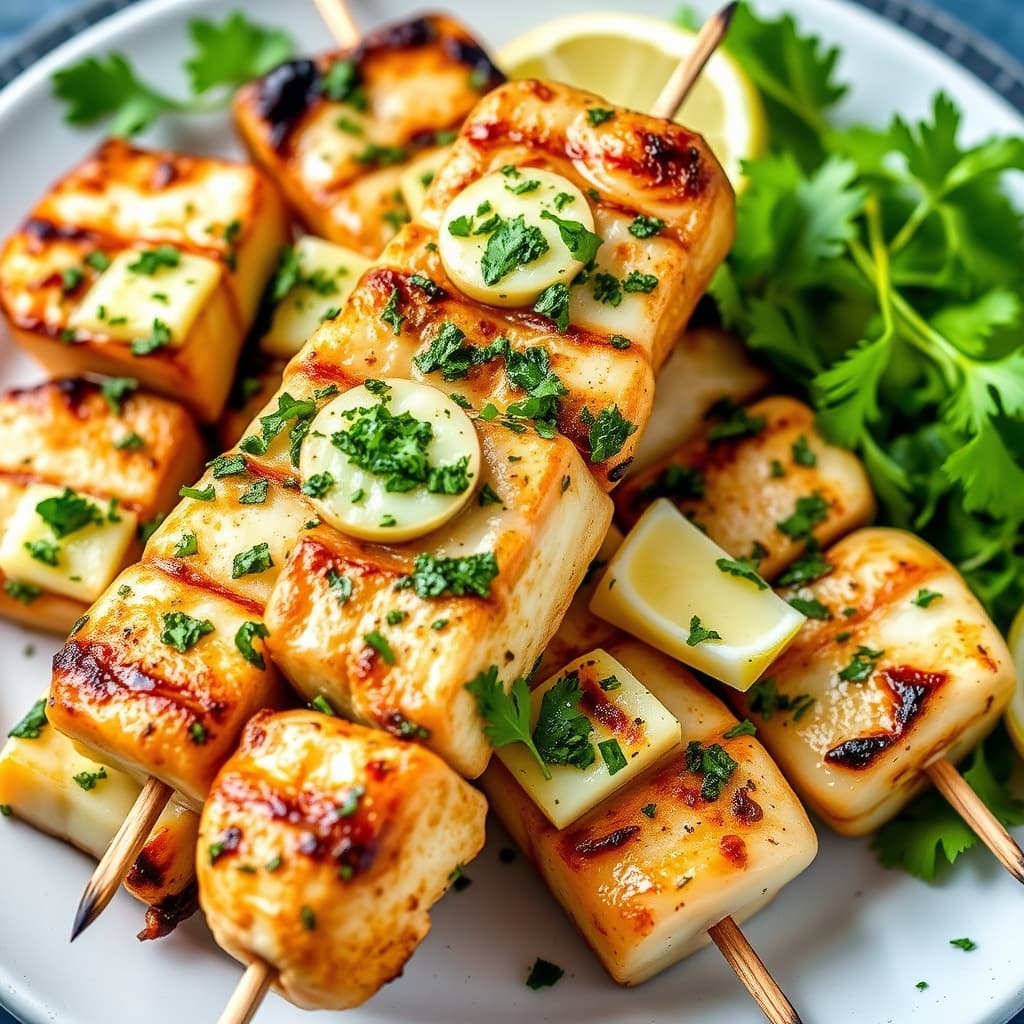 Grillede fiskespyd med persille og hvitløkssmør