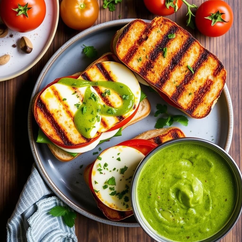 Grillede heirloom-tomatsandwicher med mozzarella og grønn heirloom-tomatgazpacho