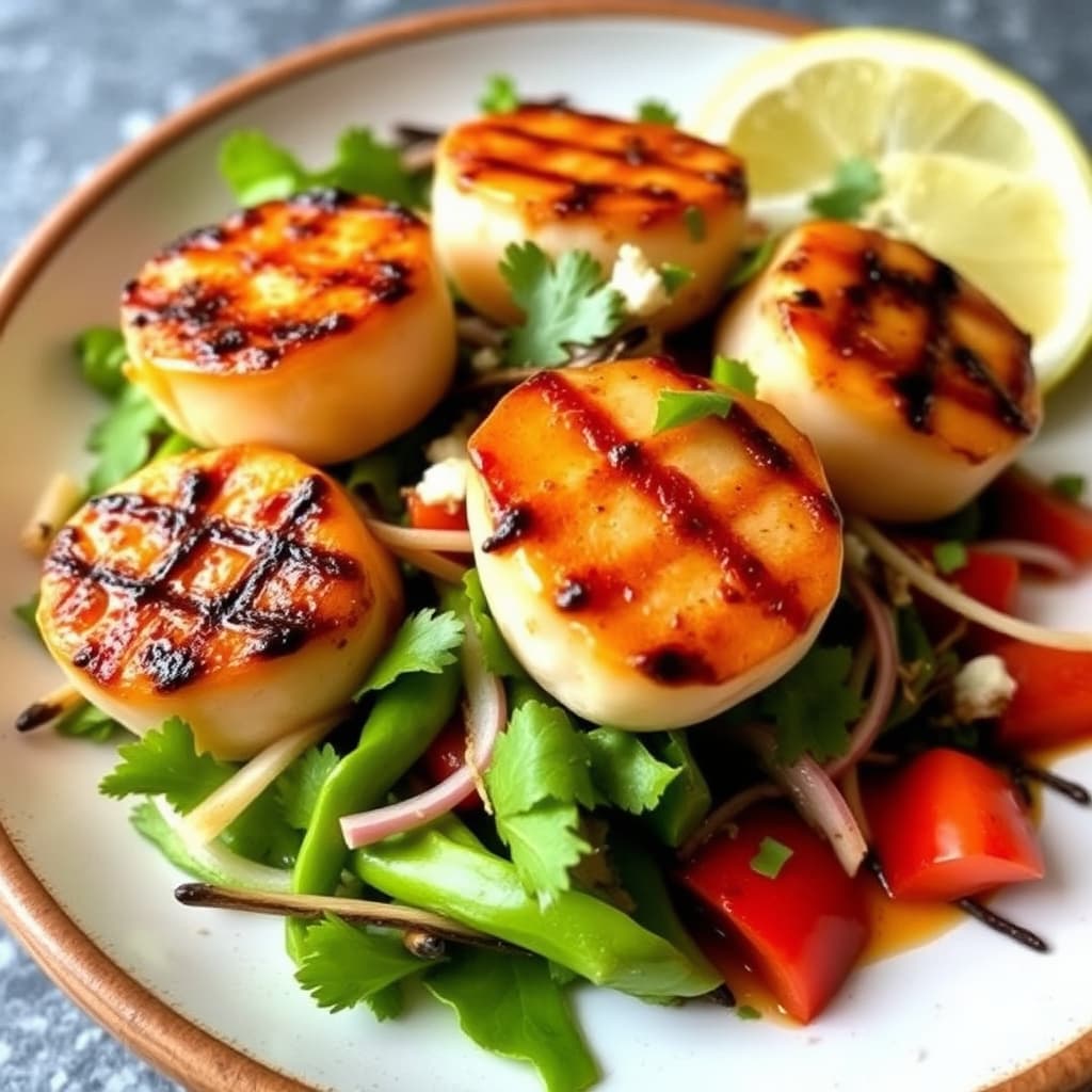 Grillede kamskjell marinert i miso med hijikisalat