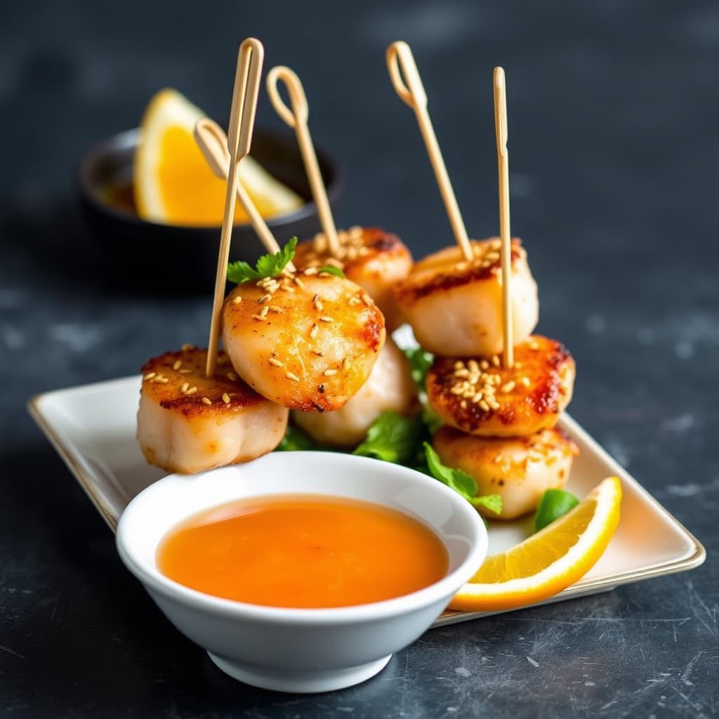 Grillede kamskjell med appelsin- og sesamsaus til dipping