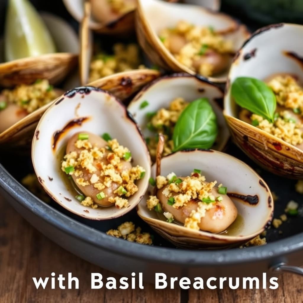 Grillede kamskjell med basilikumbrødsmuler
