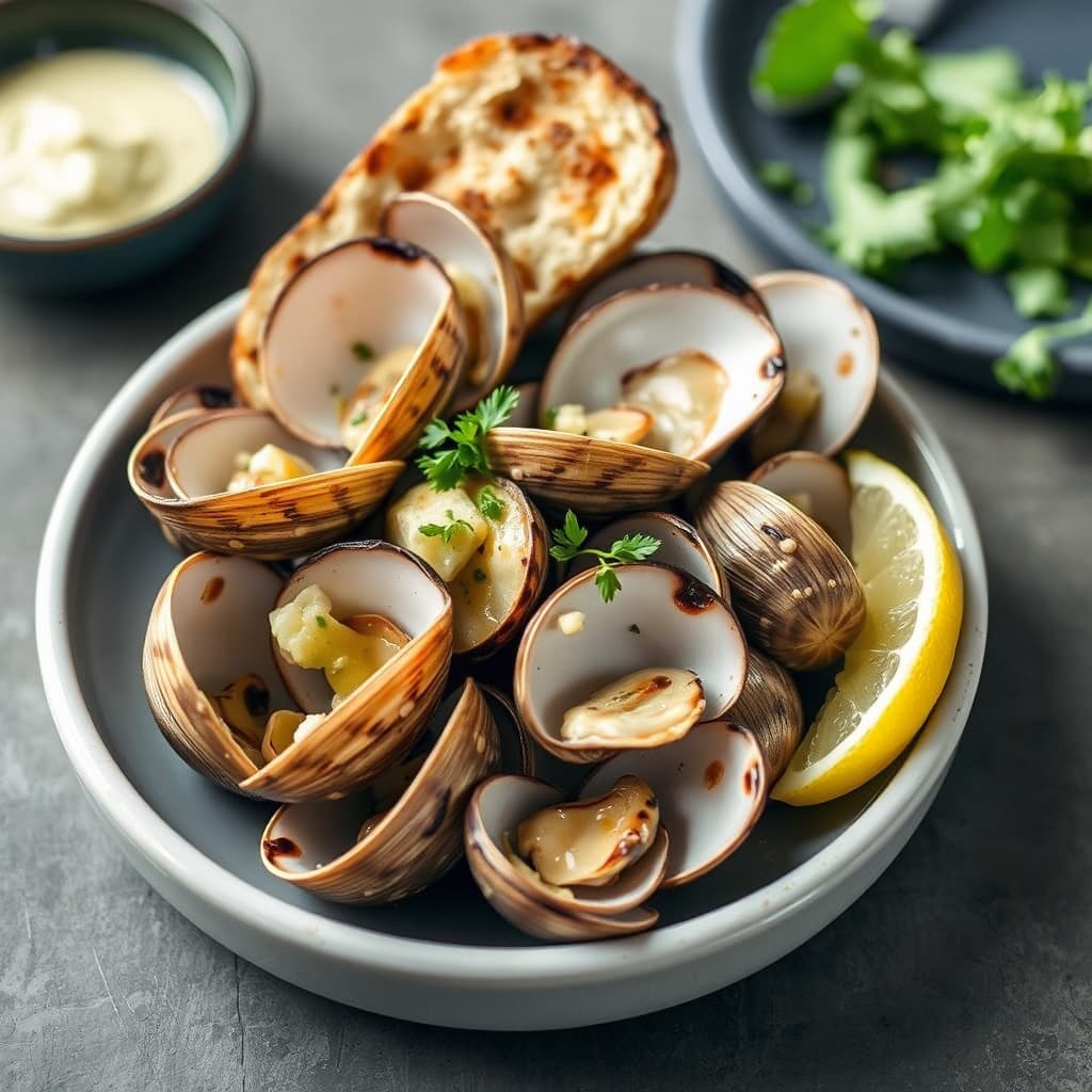 Grillede kamskjell med sitron-ingefærsmør og grillede baguetter