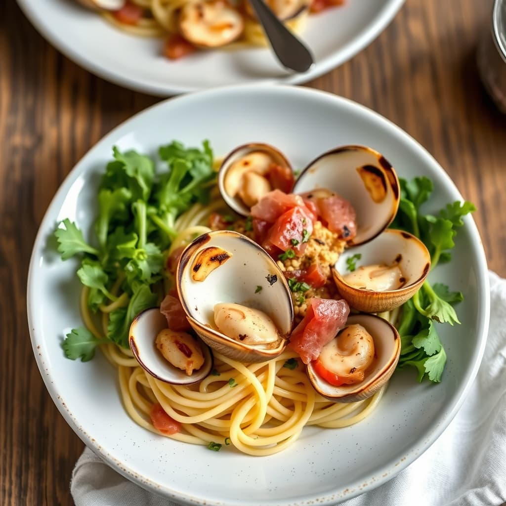 Grillede kamskjell med spaghetti, prosciutto og blandet grønt