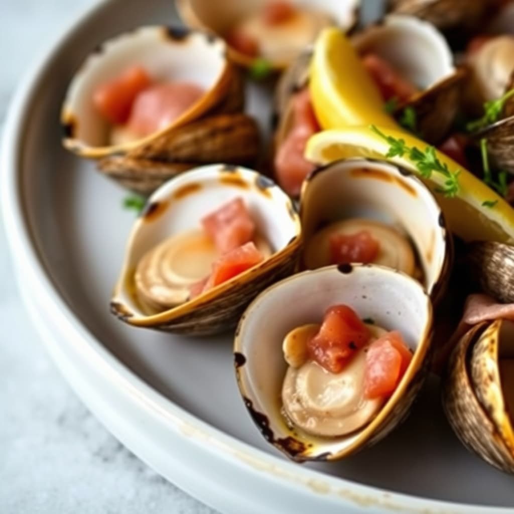 Grillede kamskjell på halvshell med Serranoskinke