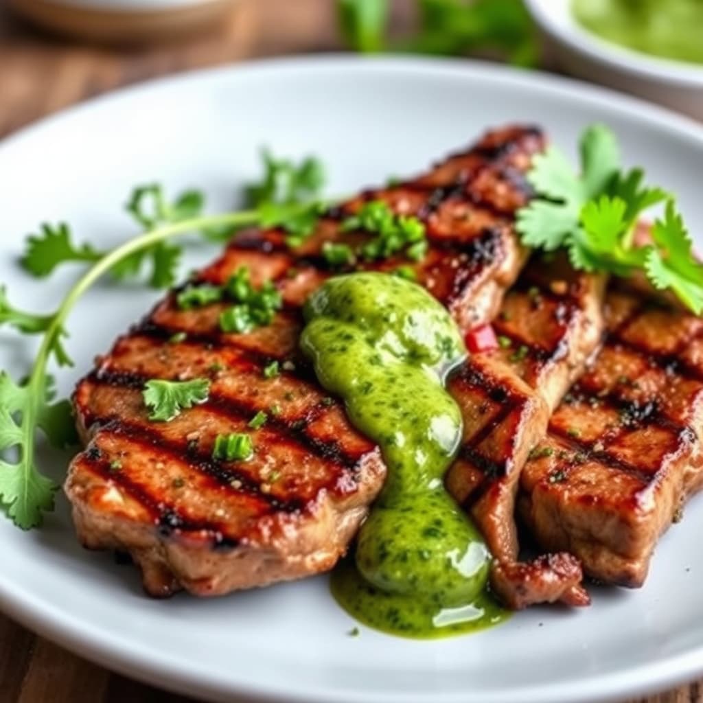 Grillede, koreansk-inspirerte biffer med krydret koriandersaus