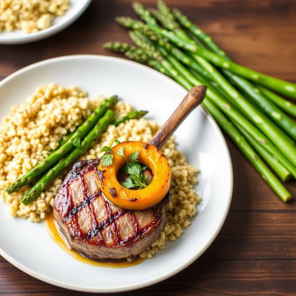 Grillede lammekoteletter med en ring av butternut squash, couscous og asparges