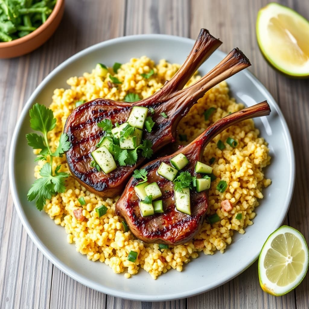 Grillede lammekoteletter med krydret couscous og zucchini-raita