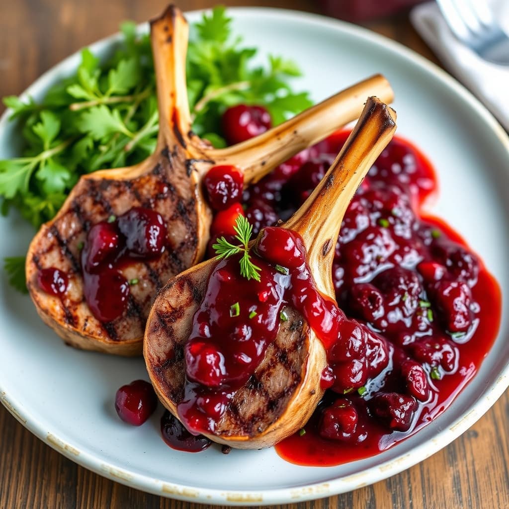 Grillede lammekoteletter med tyttebærsaus og tyttebær- Serrano-chutney