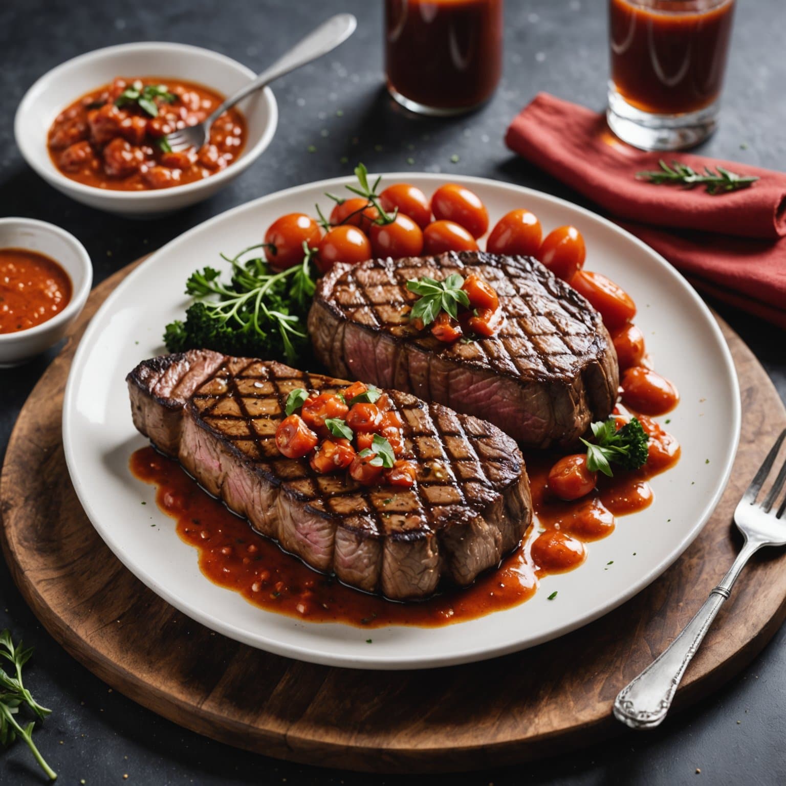Grillede New York-biffer med San Marzano-saus