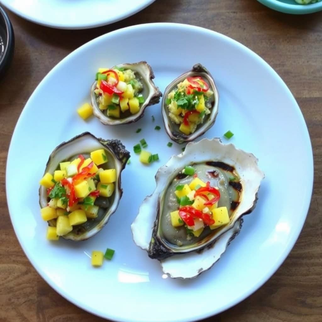 Grillede østers med mango pico de gallo og rød chili-hvitløkssennep