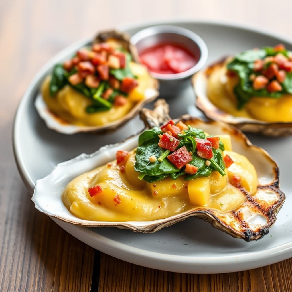 Grillede østers Rockefeller med babyspinat og baconfondue