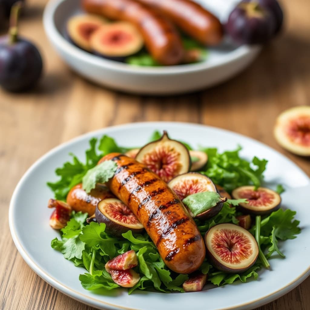 Grillede pølser med fiken og blandet grønt