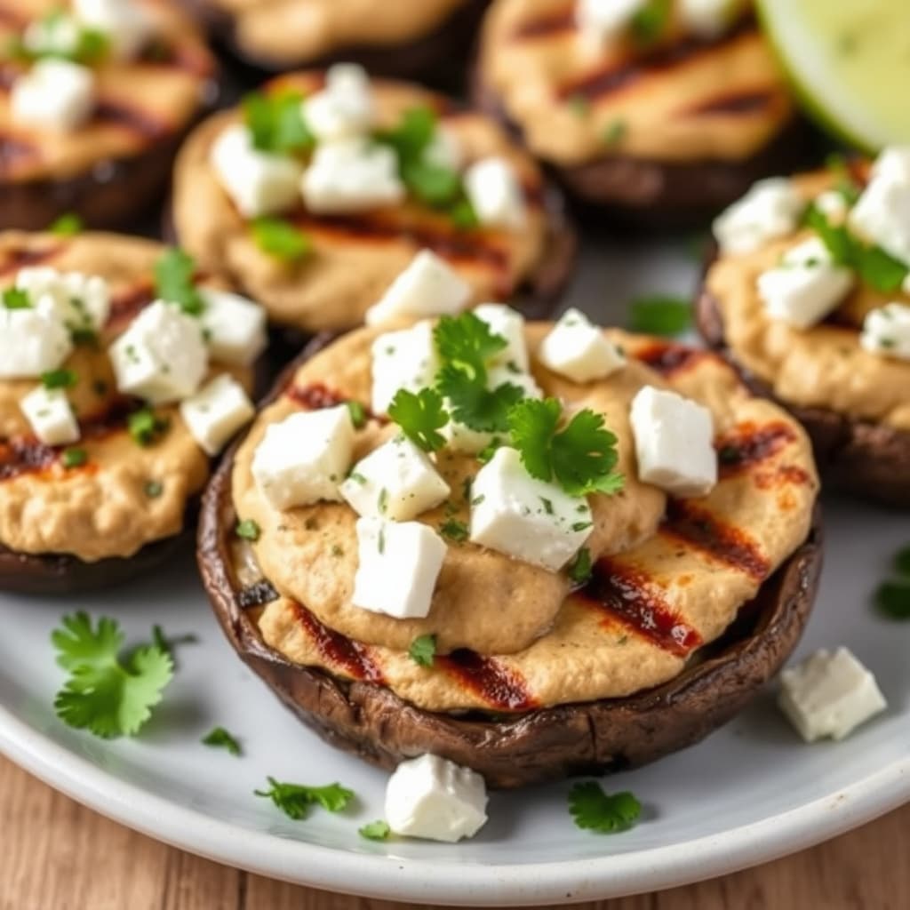 Grillede portobelloburgere med hummus og fetaost