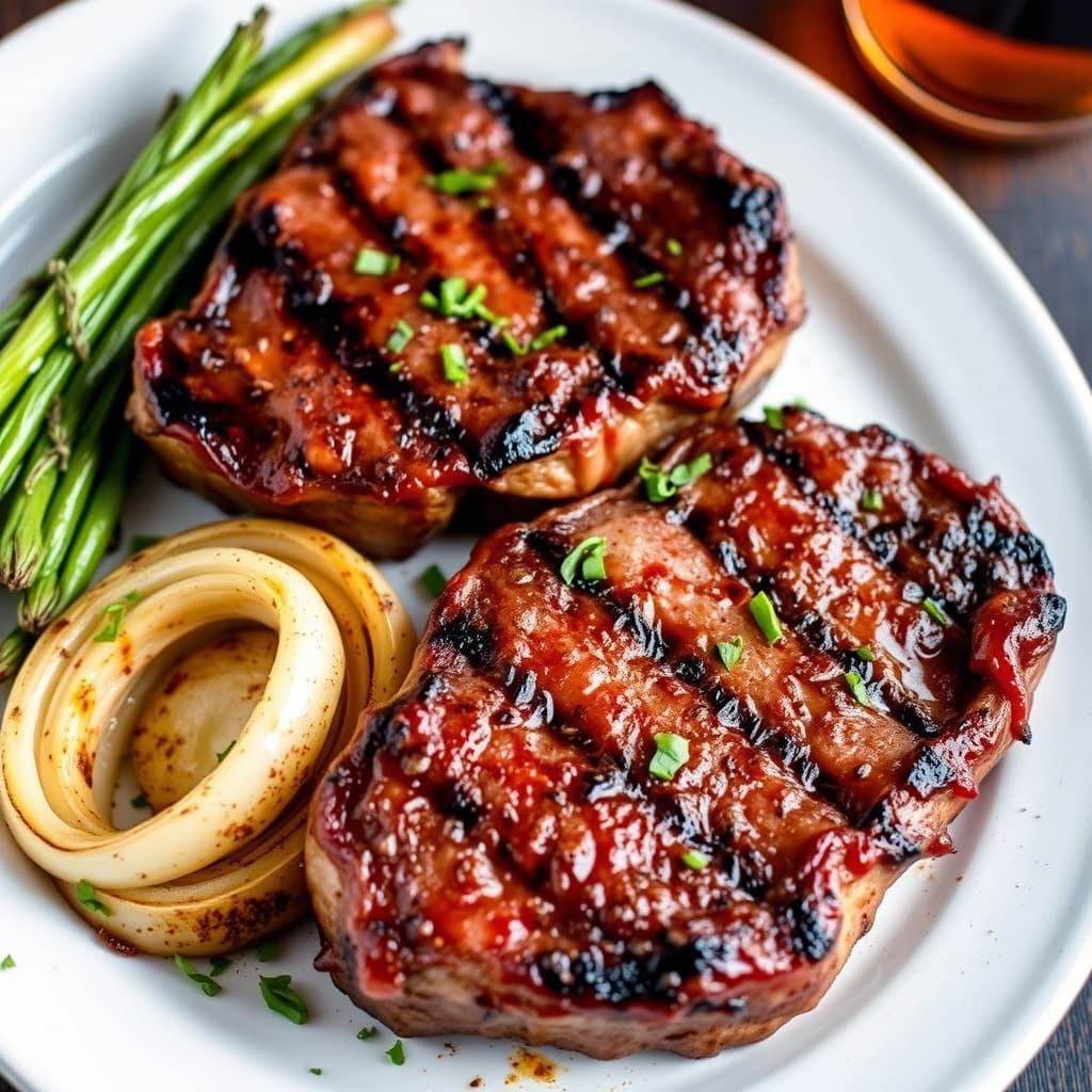 Grillede prime rib-biffer med bourbon-BBQ-glaze og krydret grillede Vidalia-løk
