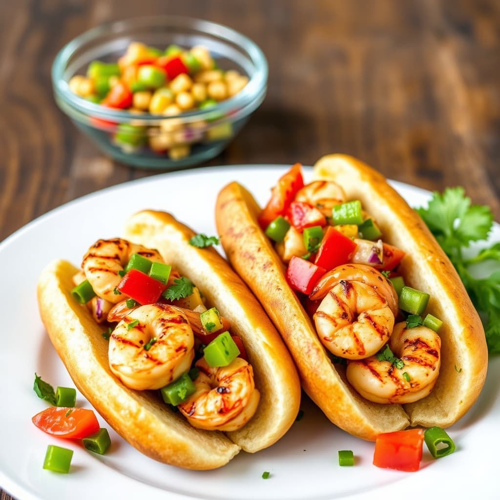 Grillede reker i pølser med grillede grønnsaksrelish