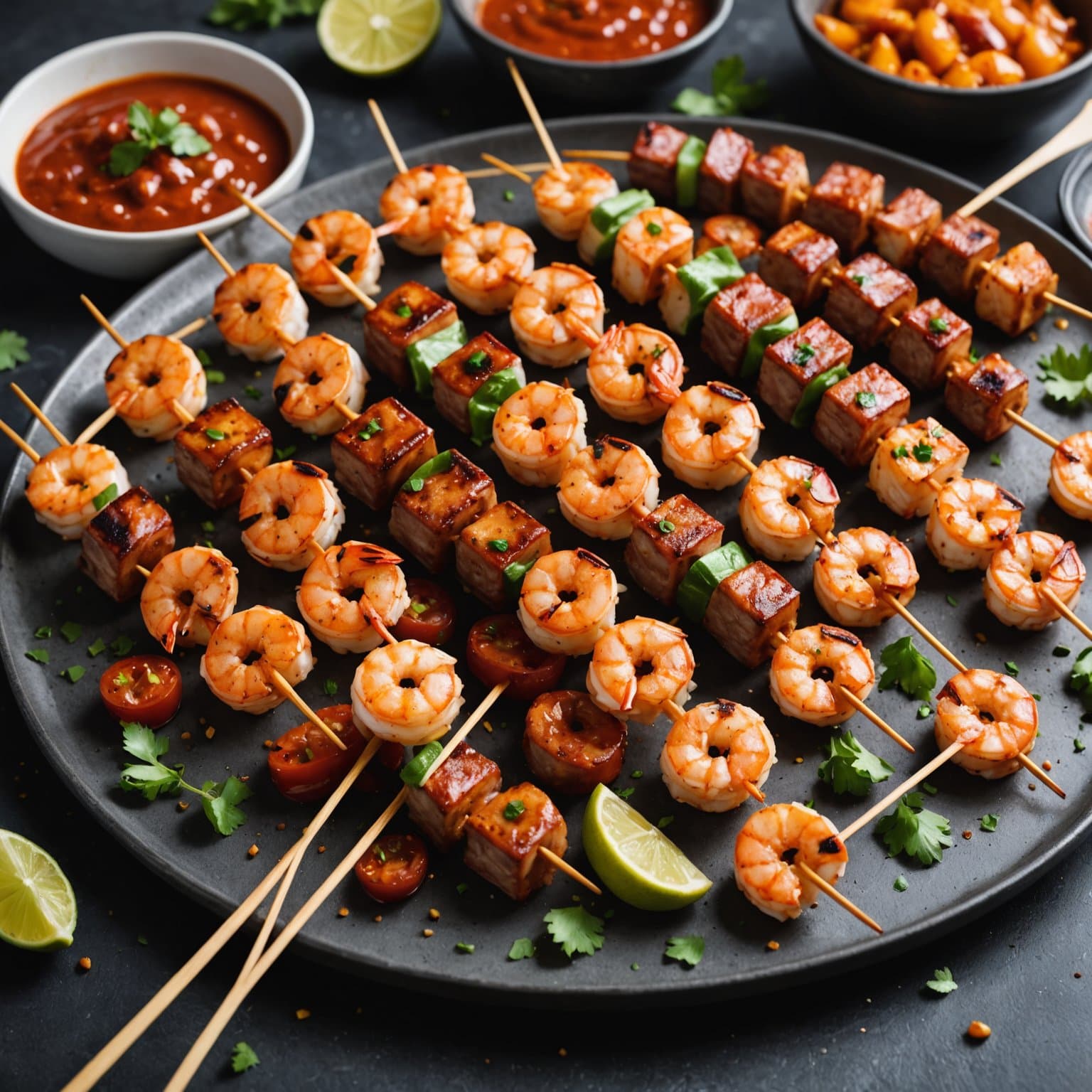 Grillede reker- og pølsespyd med røykfylt paprika-glaze