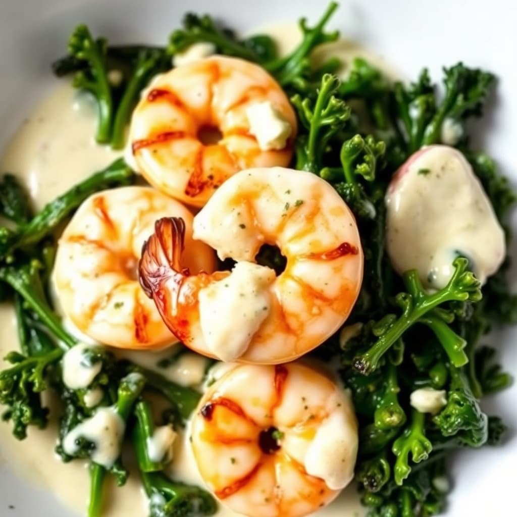 Grillede reker og sautert grønnkål i hvitvins- og fløtesaus