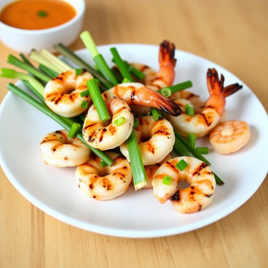 Grillede reker og vårløk med sørøstasiatiske dyppesoser