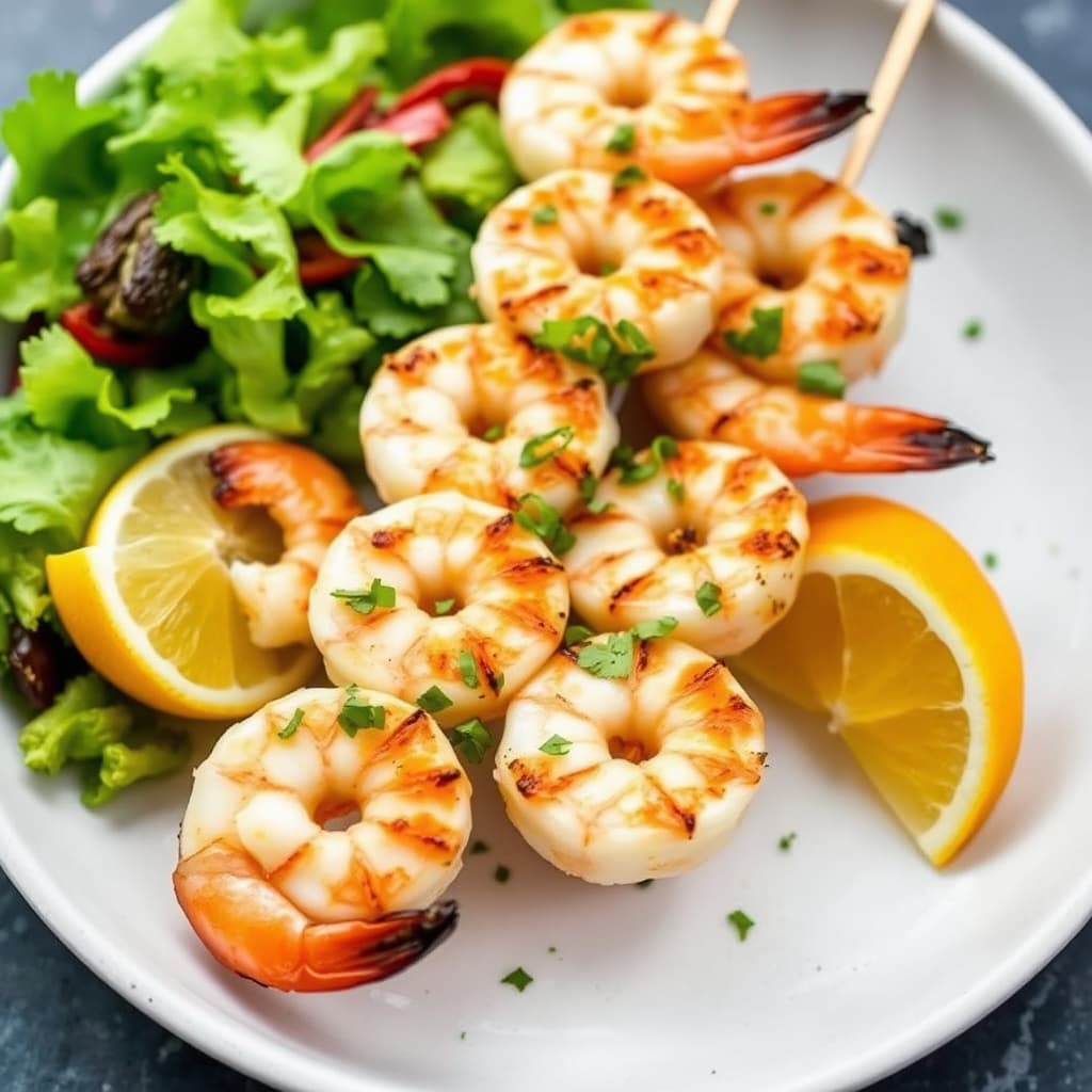 Grillede reker på spyd marinert i en appelsin- og champagnevinaigrette