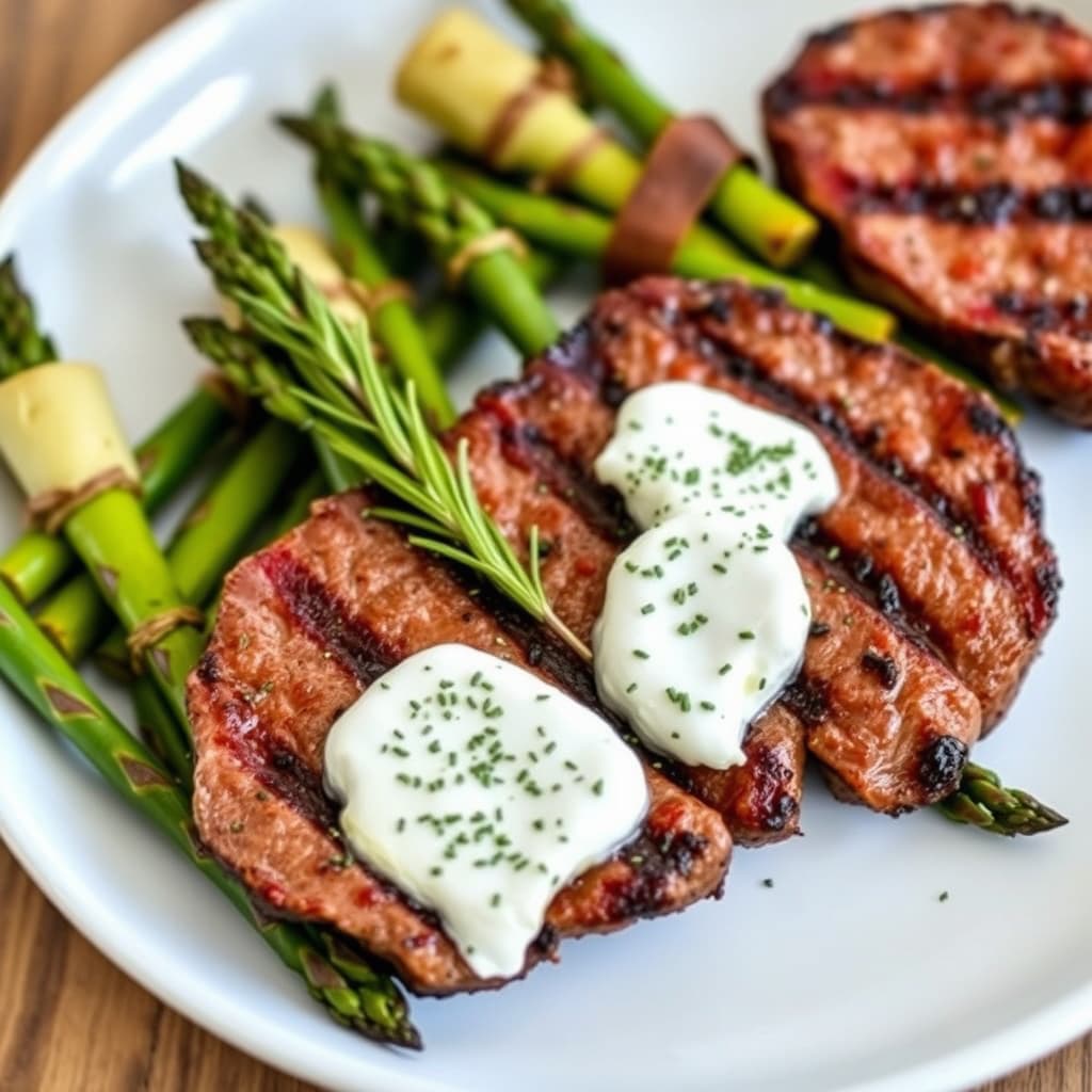Grillede ribeye-biffer med chili-rub og urtekremost, serieknyter med asparges