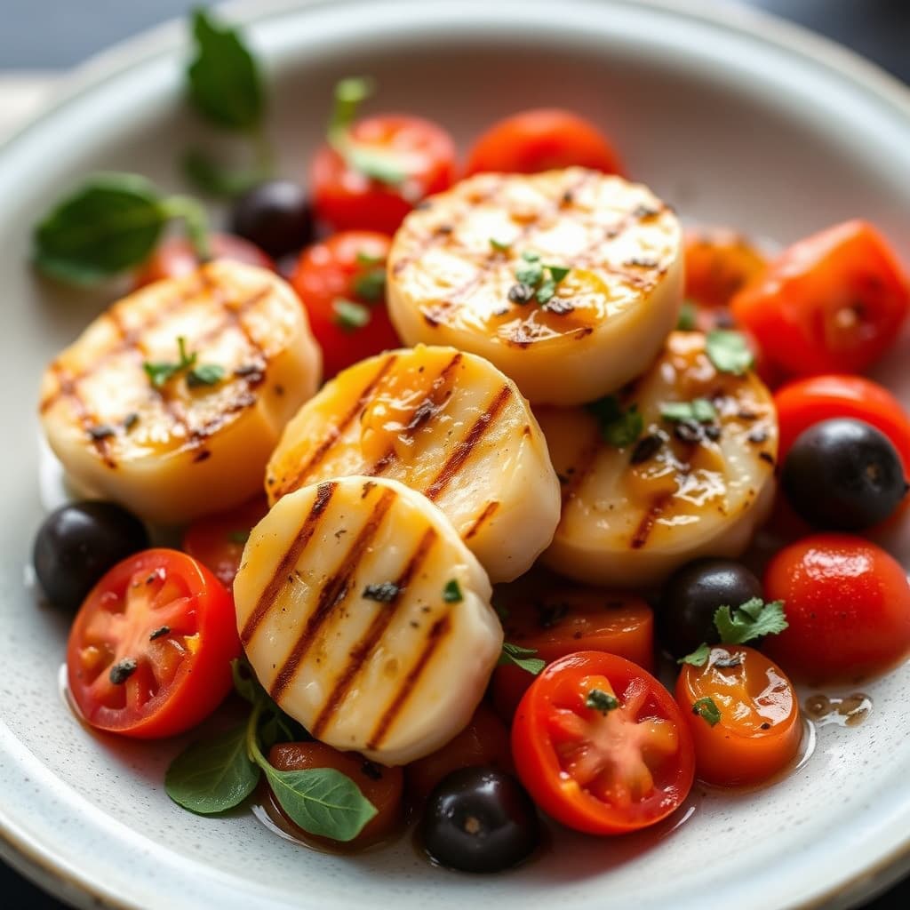 Grillede sjøscallops og tomater med olivenvinaigrette